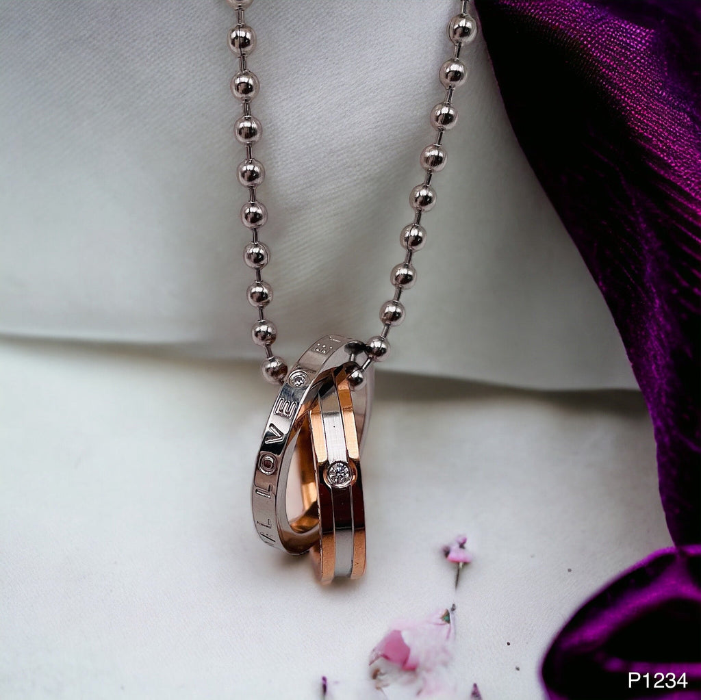 Dual Ring Silver 18K Rose Gold Silver Cubic Zirconia Anti Tarnish Stainless Steel Pendant Chain For Women