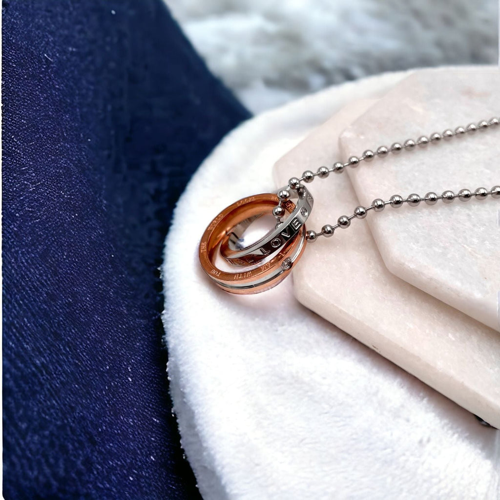 Dual Ring Silver 18K Rose Gold Silver Cubic Zirconia Anti Tarnish Stainless Steel Pendant Chain For Women