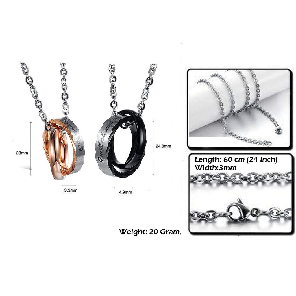 Couple Lover Valentine Black Rose Gold Stainless Steel Rings Combo Pendant Chain