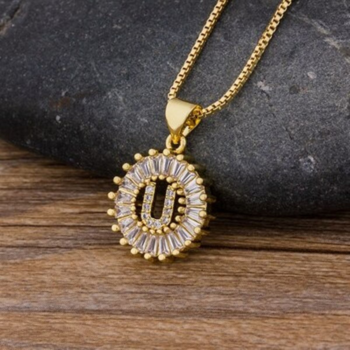 Gold Baguette Initial Alphabet Letter Pendant Chain Bulk
