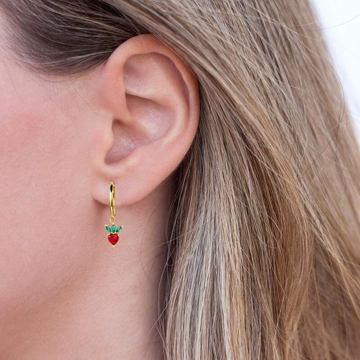 Strawberry 18K Gold Crystal Brass Hoop Earring Pair For Women Bulk