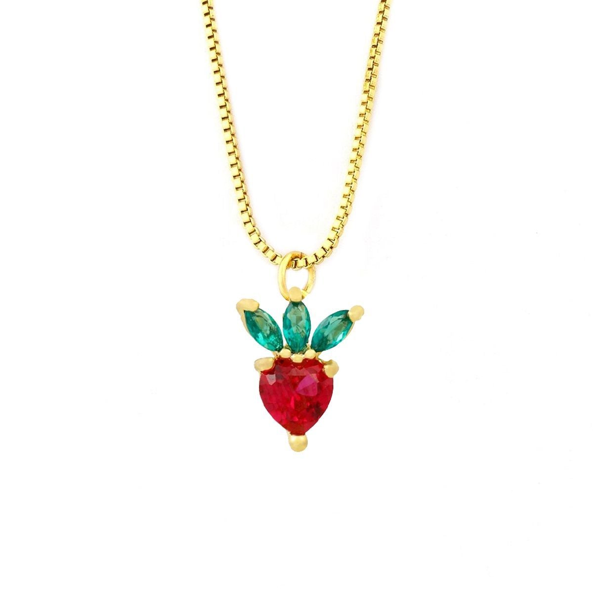 Strawberry Heart Fruit Red Green 18K Gold Pendant Chain Necklace Girls Main image