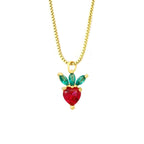 Strawberry Heart Fruit Red Green 18K Gold Pendant Chain Necklace Girls