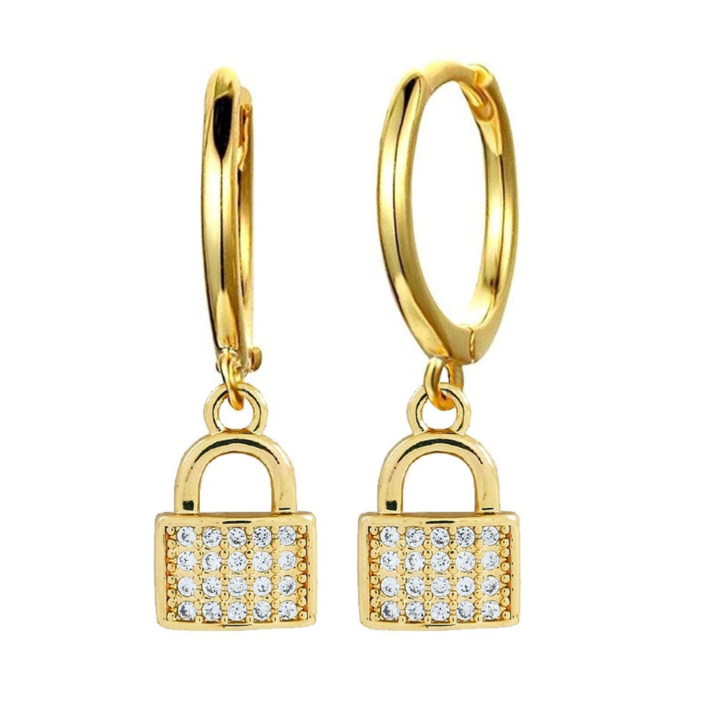 Lock 18K Gold Cubic Zirconia Brass Hoop Earring Pair For Women Bulk