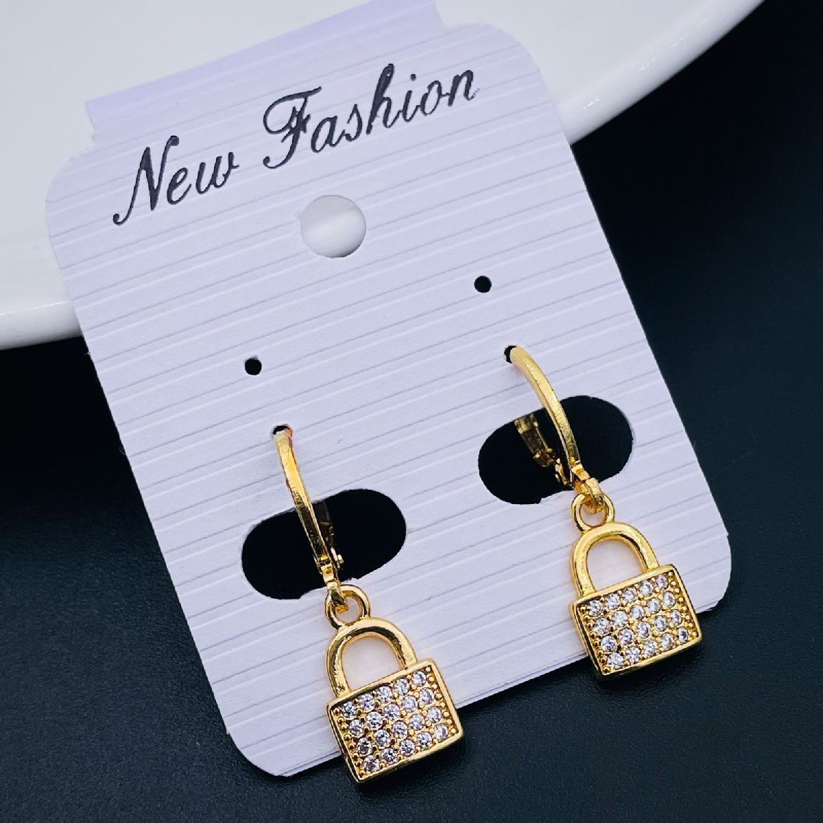 Lock 18K Gold Cubic Zirconia Brass Hoop Earring Pair For Women Bulk Main image
