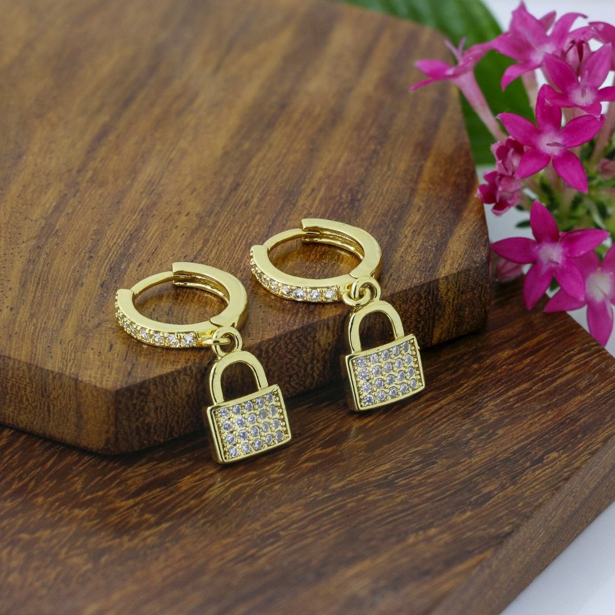 Copper Fancy Lock Cubic Zirconia Drop Earring Pair For Women Gold Main image