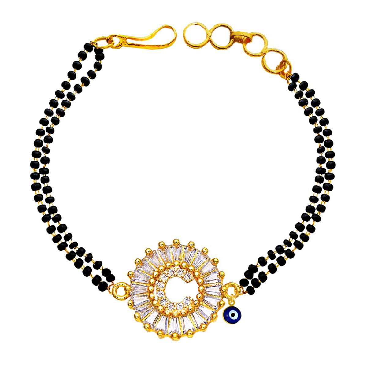 Evil Eye Customised Alphabet Initial Letters Baguette Cubic Zirconia 22K Gold Hand Mangalsutra Bracelet For Women