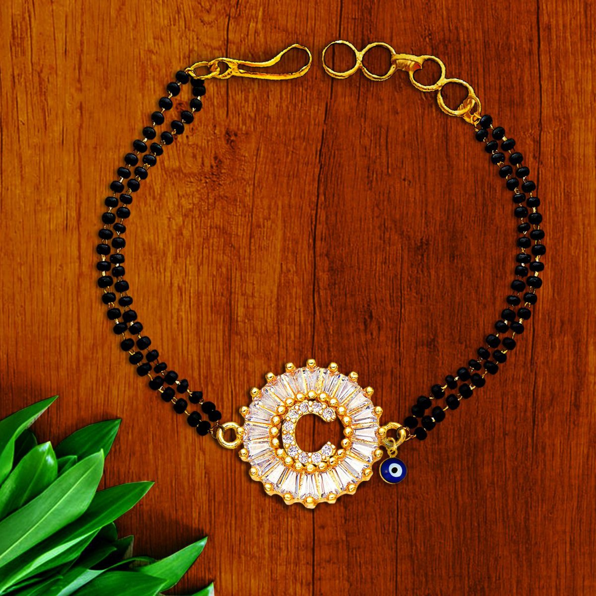 Evil Eye Customised Alphabet Initial Letters Baguette Cubic Zirconia 22K Gold Hand Mangalsutra Bracelet For Women