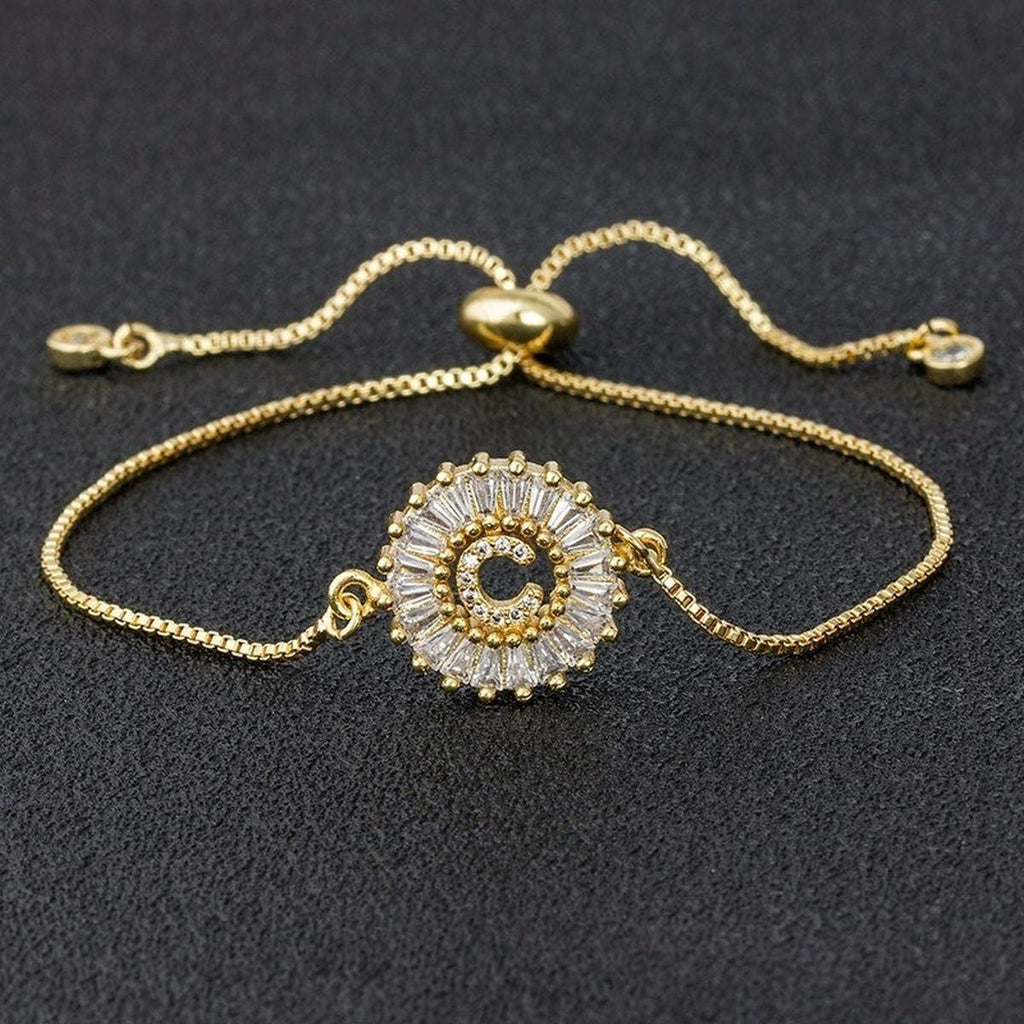 Initial Alphabet Large Letter Cubic Zirconia Gold Slider Bracelet