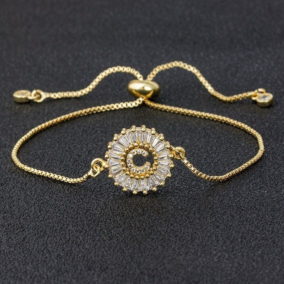 Initial Alphabet Large Letter Cubic Zirconia Gold Slider Bracelet