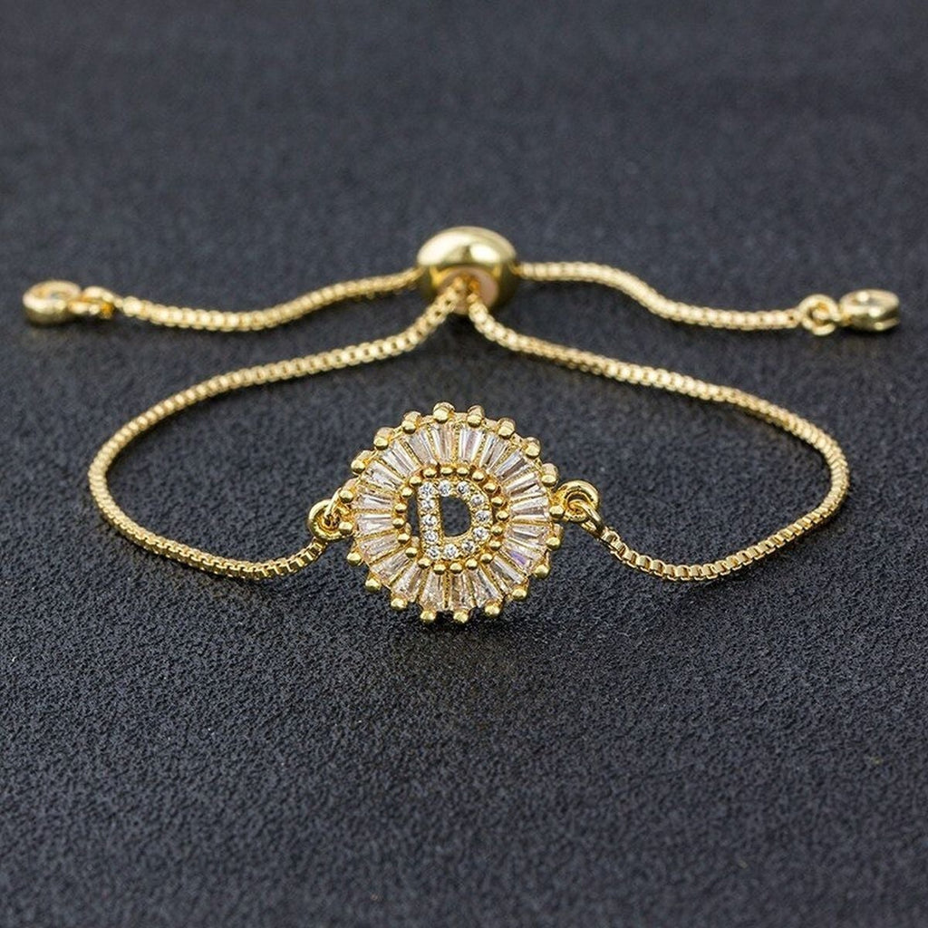 Initial Alphabet Large Letter Cubic Zirconia Gold Slider Bracelet