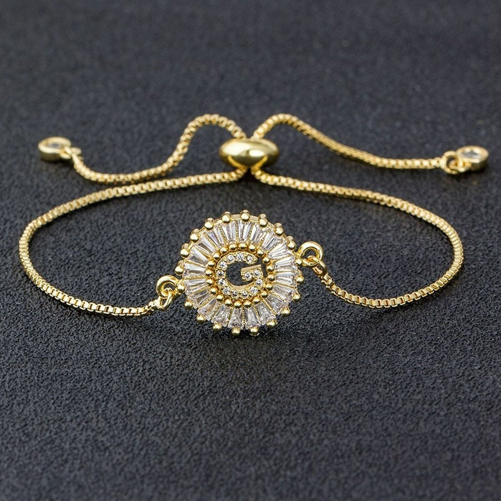 Initial Alphabet Large Letter Cubic Zirconia Gold Slider Bracelet