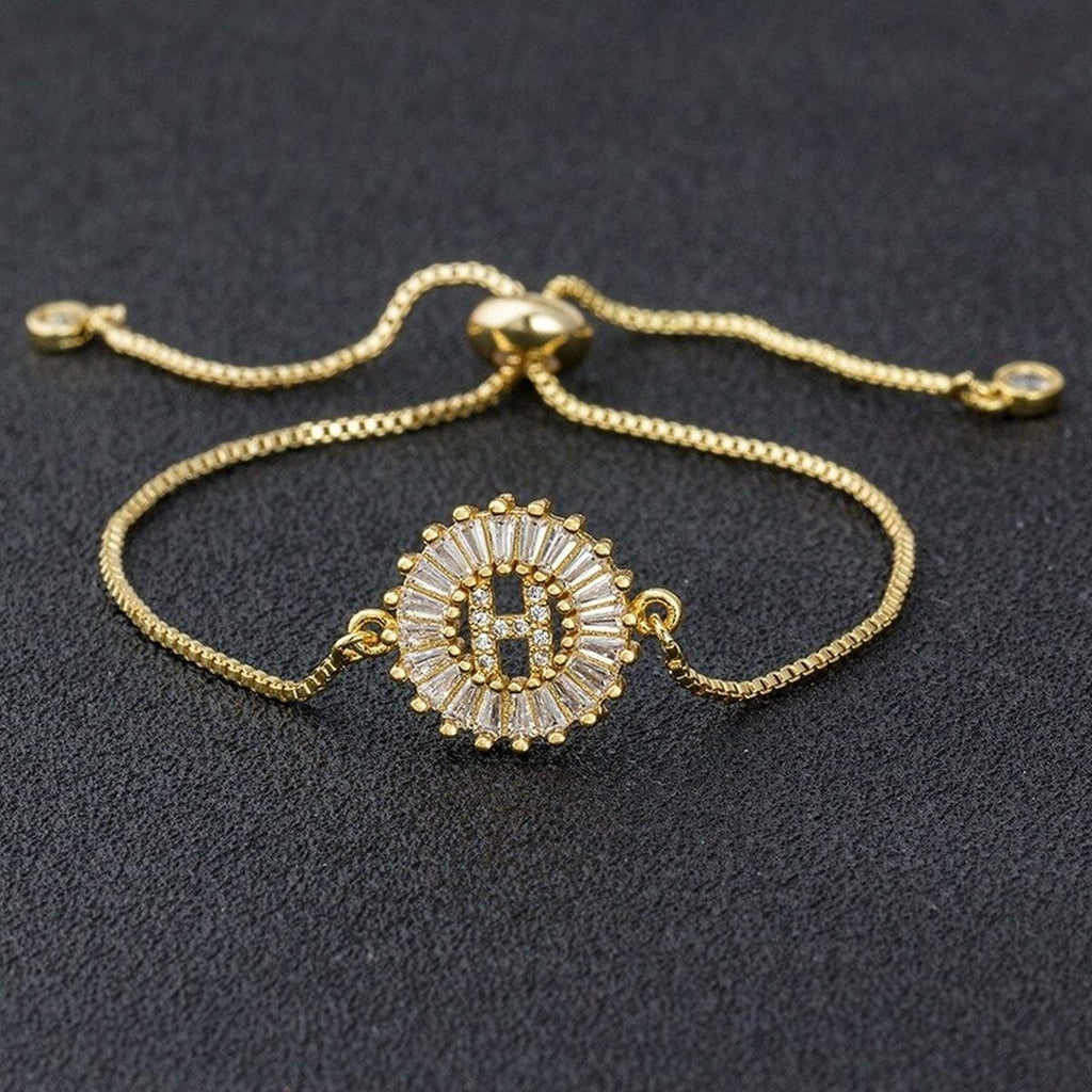 Initial Alphabet Large Letter Cubic Zirconia Gold Slider Bracelet