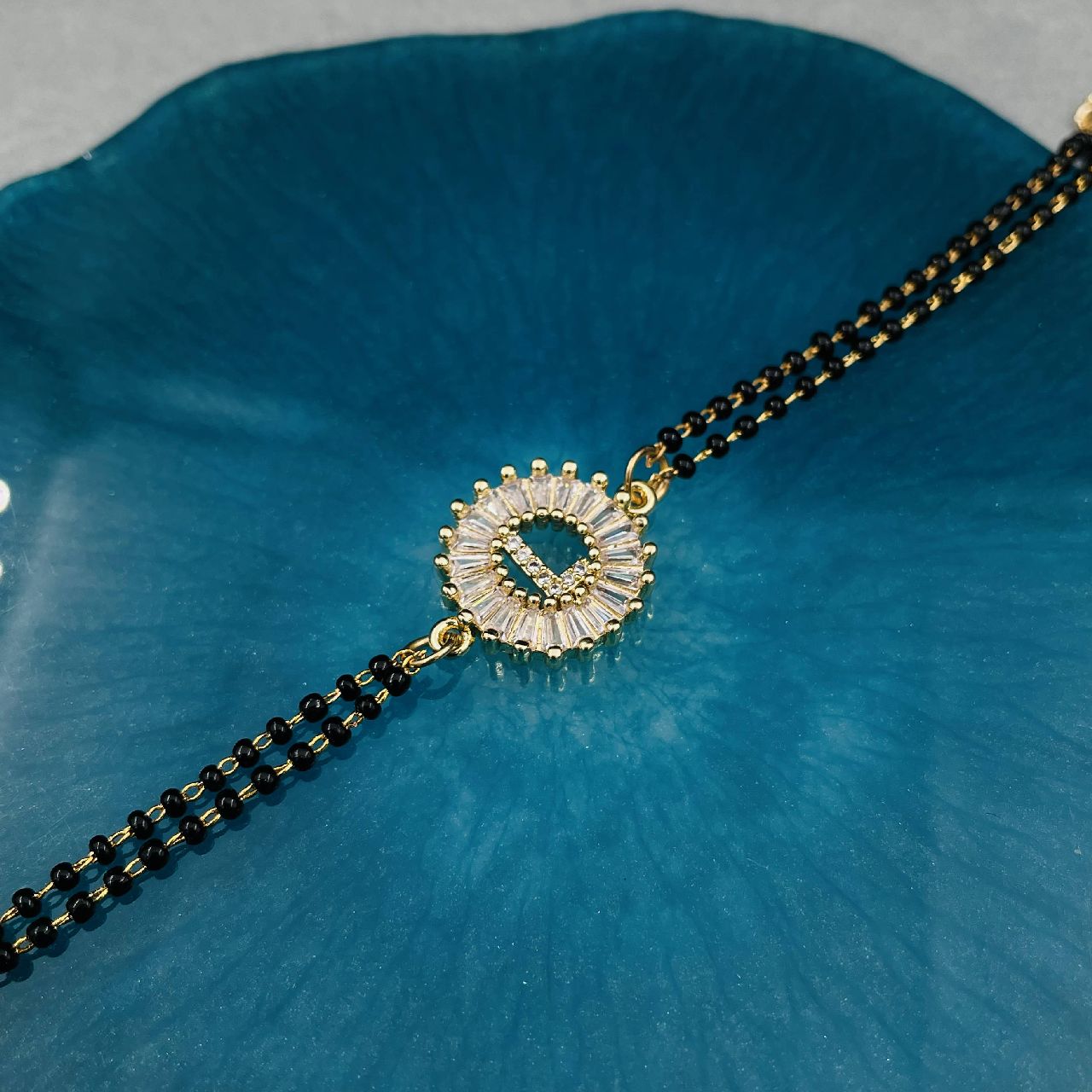 Customised Alphabet Initial Letters Baguette Cubic Zirconia 22K Gold Hand Mangalsutra Bracelet For Women