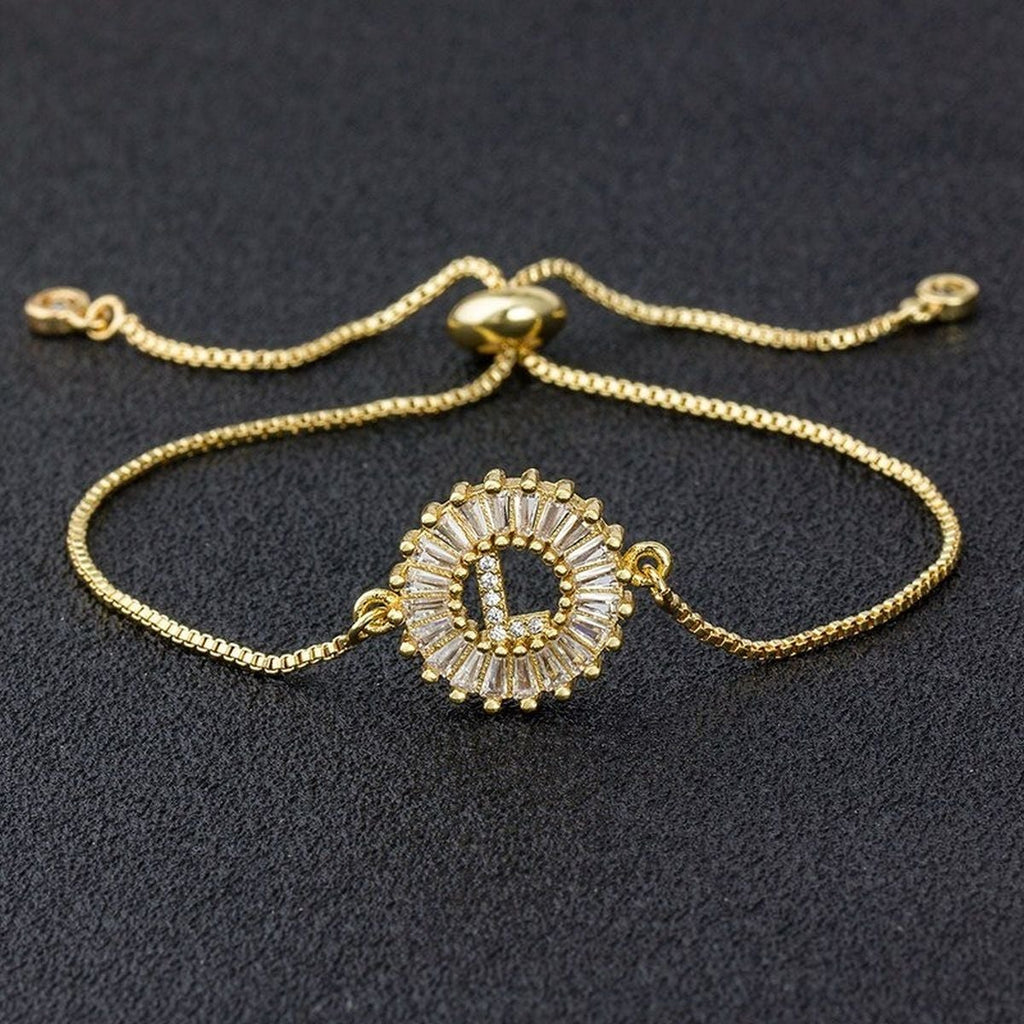 Initial Alphabet Large Letter Cubic Zirconia Gold Slider Bracelet