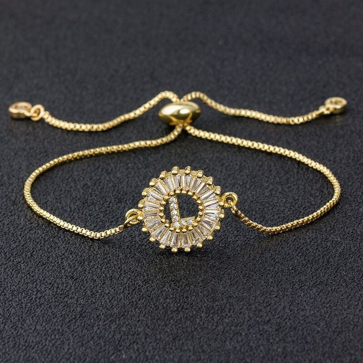 Initial Alphabet Large Letter Cubic Zirconia Gold Slider Bracelet