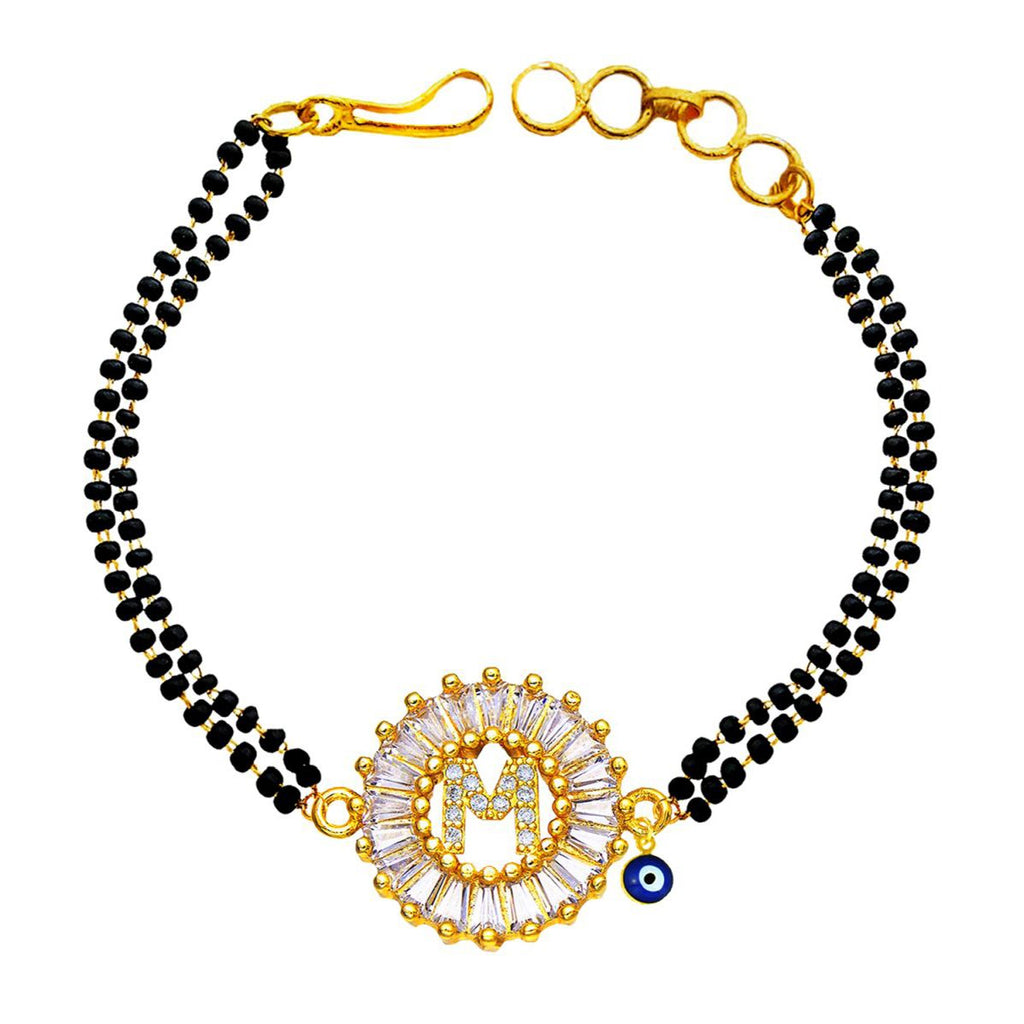 Evil Eye Customised Alphabet Initial Letters Baguette Cubic Zirconia 22K Gold Hand Mangalsutra Bracelet For Women