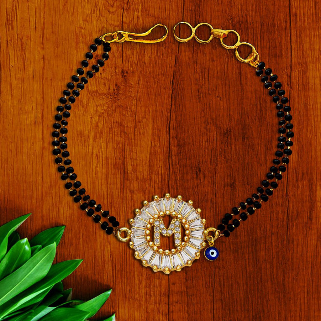 Evil Eye Customised Alphabet Initial Letters Baguette Cubic Zirconia 22K Gold Hand Mangalsutra Bracelet For Women
