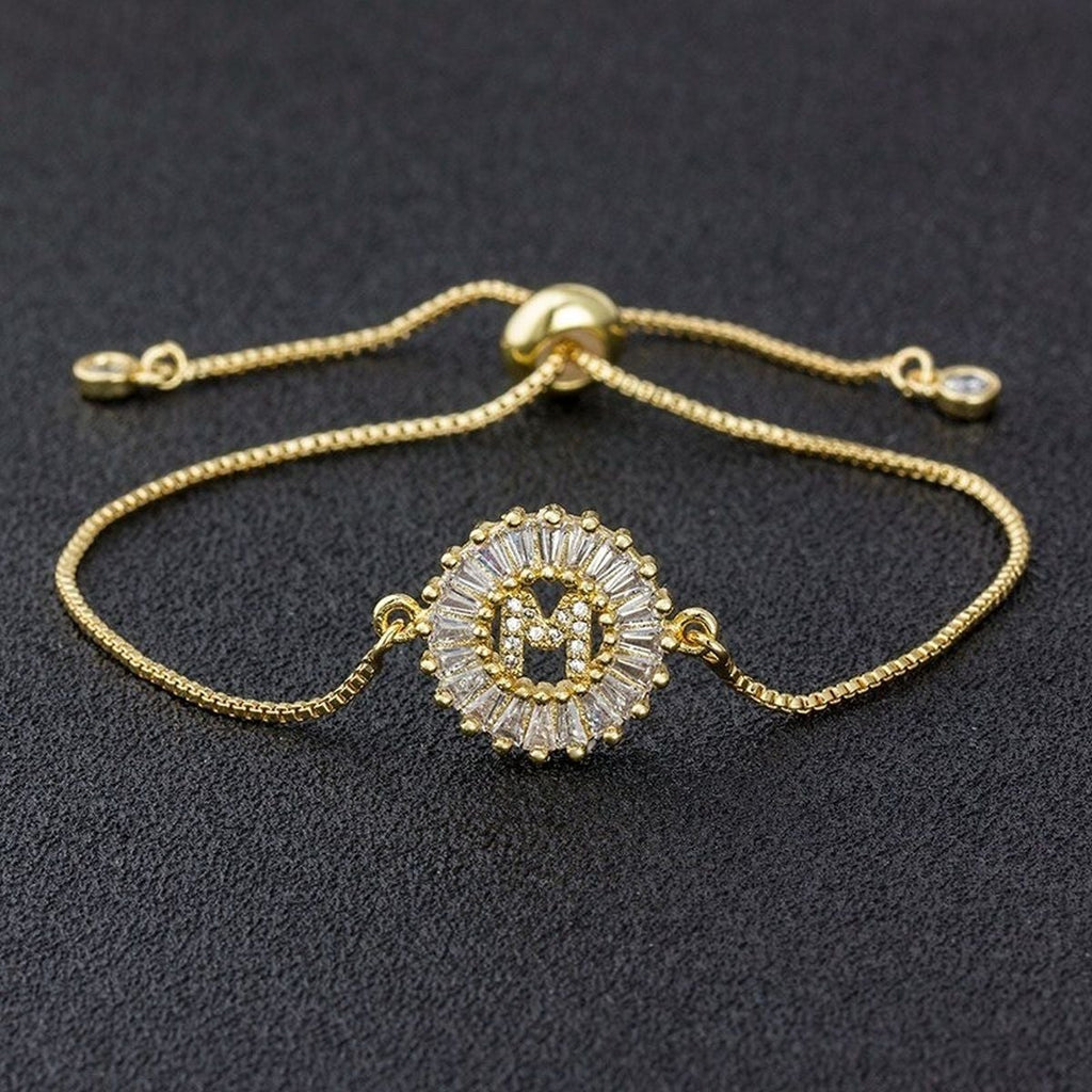 Initial Alphabet Large Letter Cubic Zirconia Gold Slider Bracelet