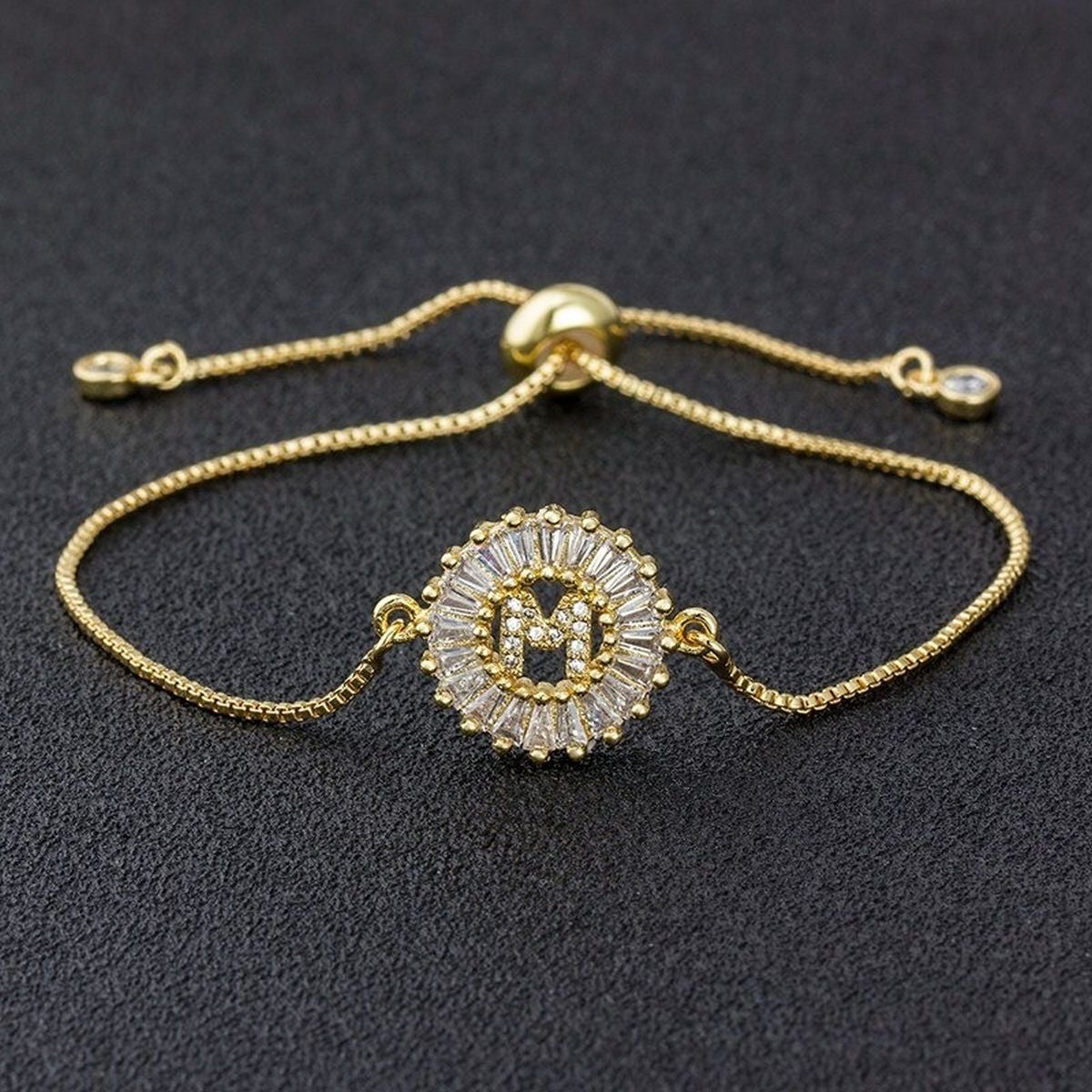 Initial Alphabet Large Letter Cubic Zirconia Gold Slider Bracelet