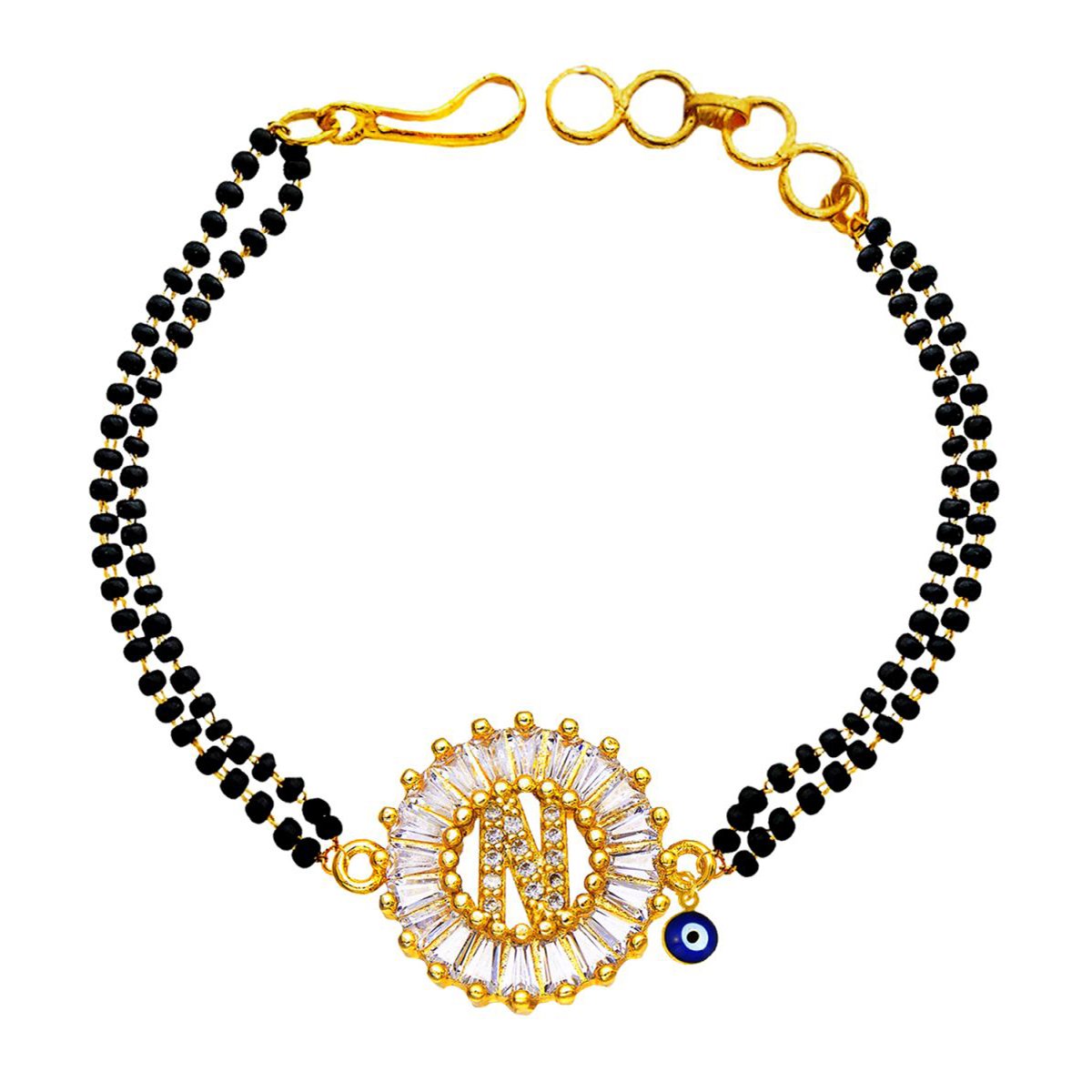 Evil Eye Customised Alphabet Initial Letters Baguette Cubic Zirconia 22K Gold Hand Mangalsutra Bracelet For Women