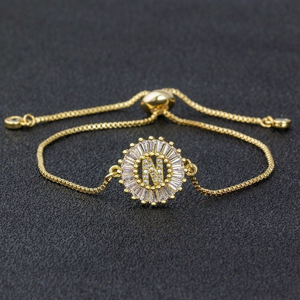 Initial Alphabet Large Letter Cubic Zirconia Gold Slider Bracelet