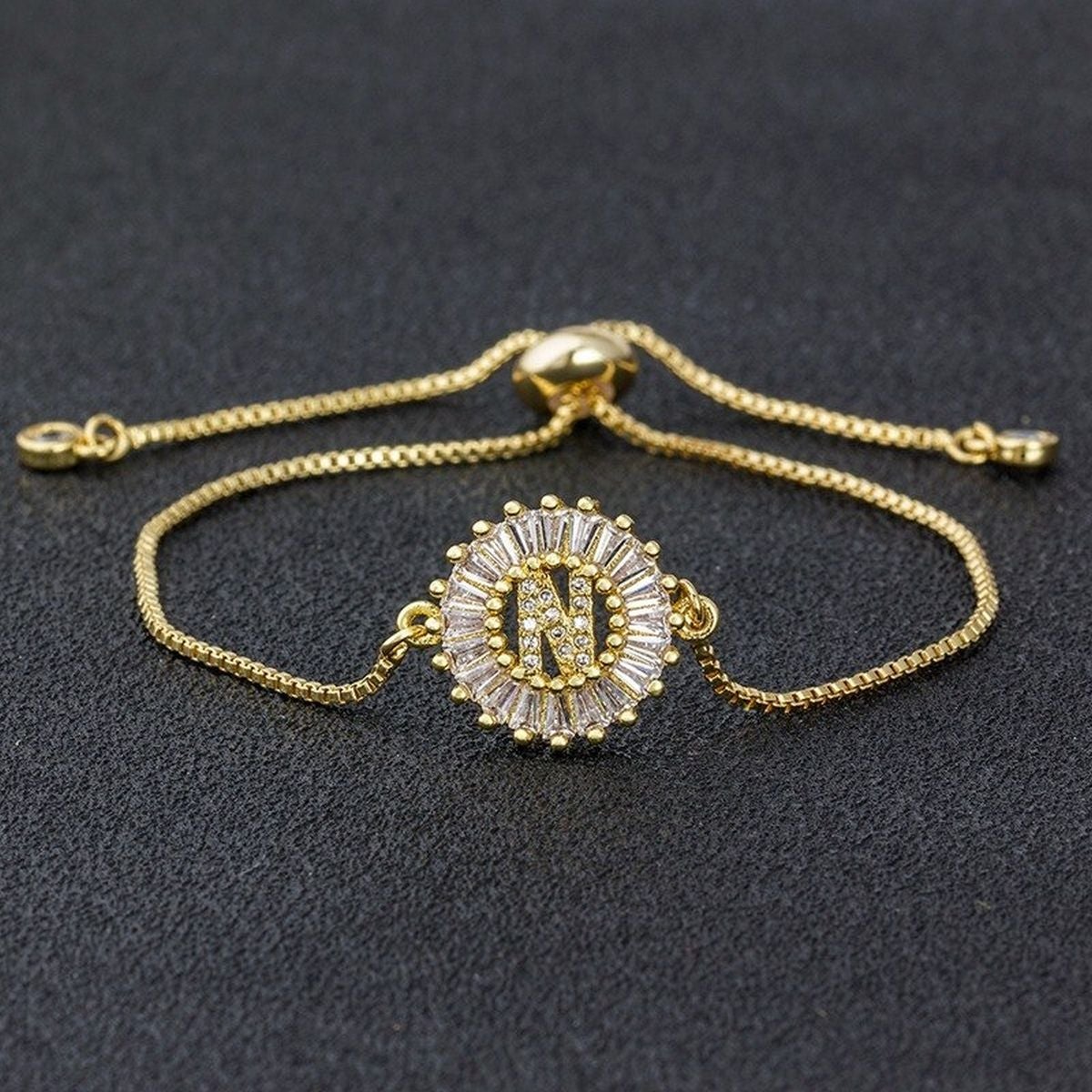 Initial Alphabet Large Letter Cubic Zirconia Gold Slider Bracelet