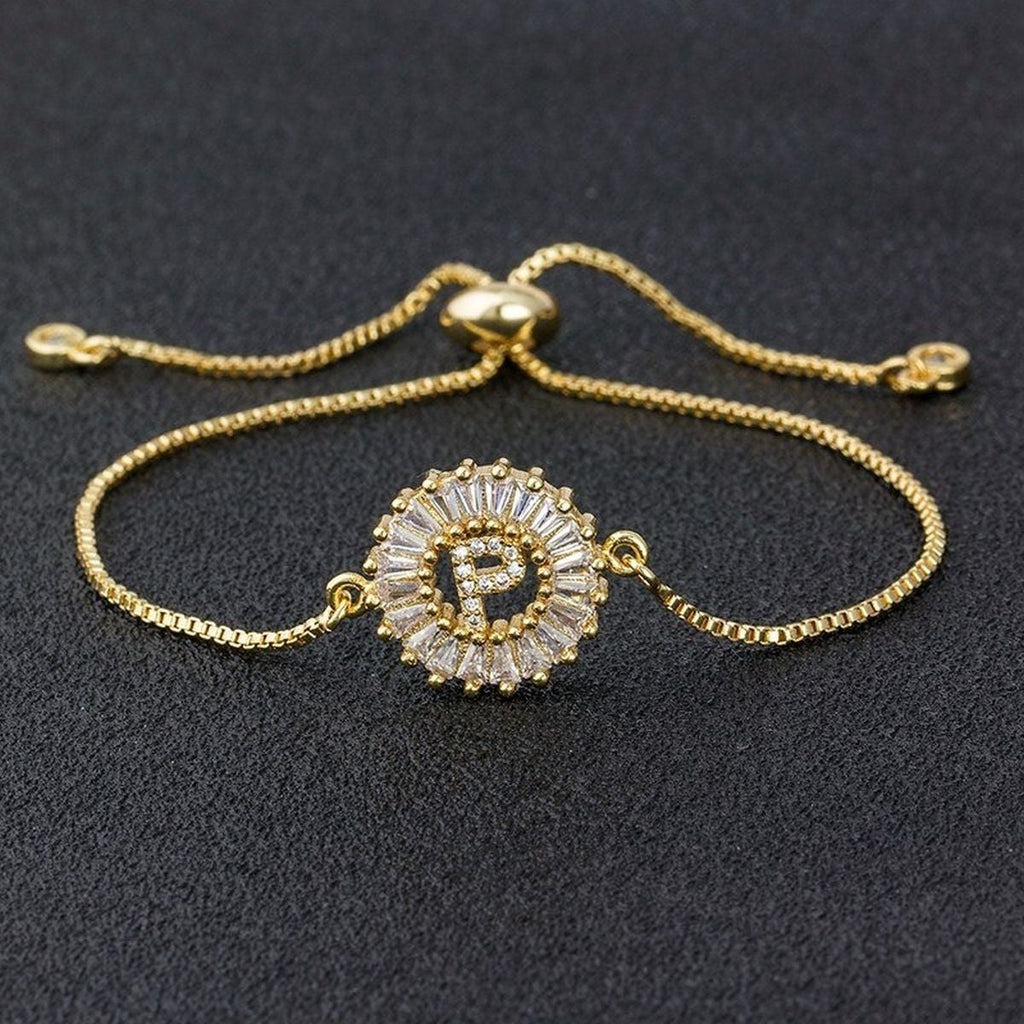 Initial Alphabet Large Letter Cubic Zirconia Gold Slider Bracelet