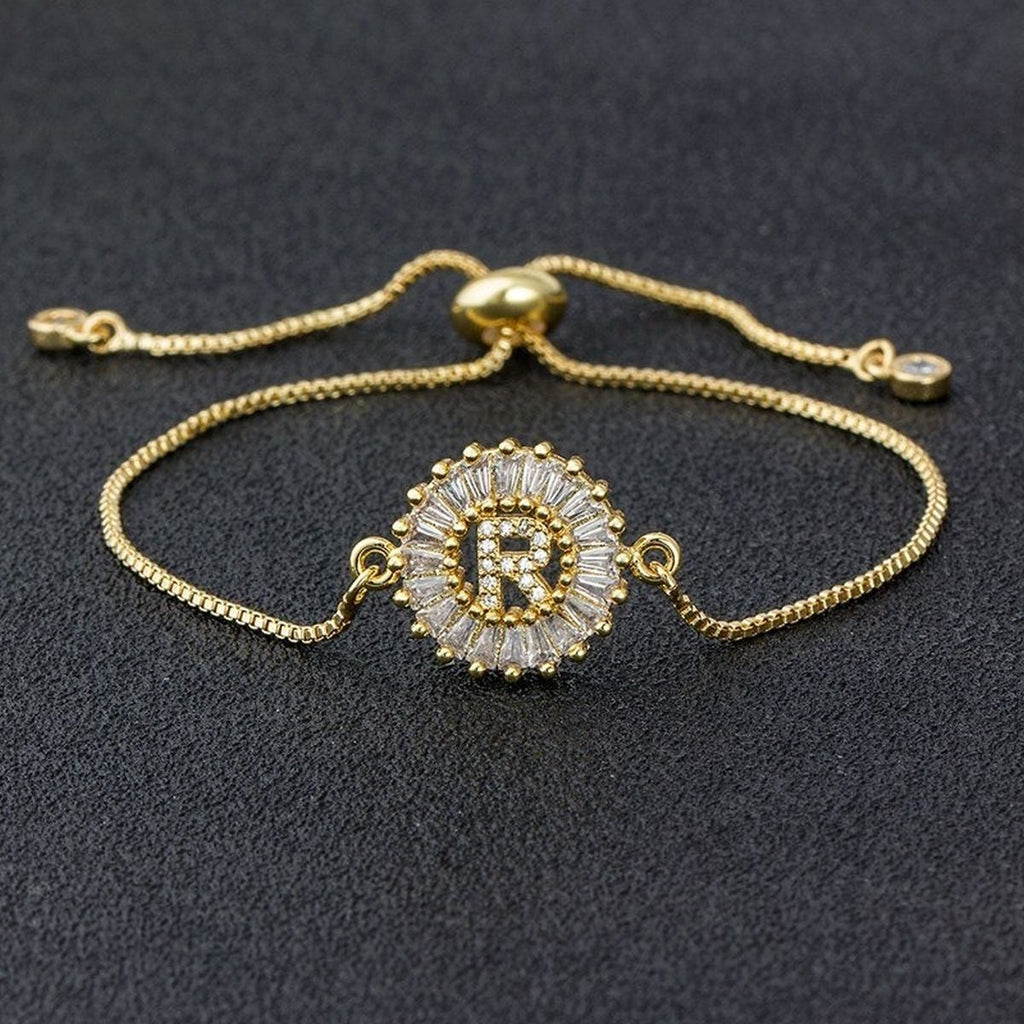 Initial Alphabet Large Letter Cubic Zirconia Gold Slider Bracelet