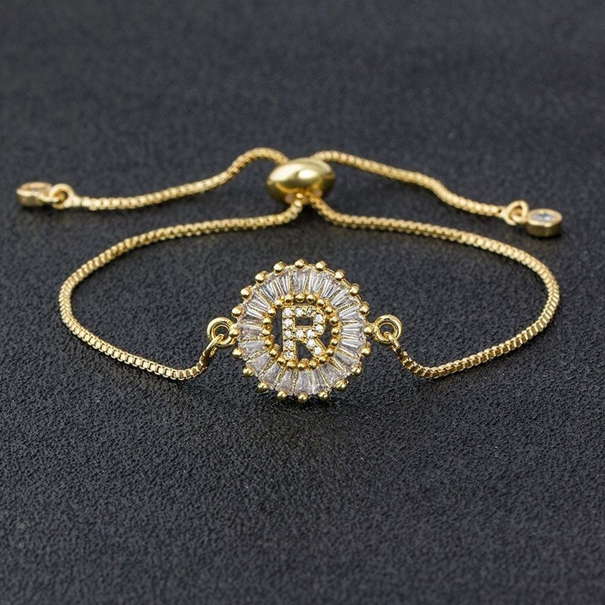 Initial Alphabet Large Letter Cubic Zirconia Gold Slider Bracelet