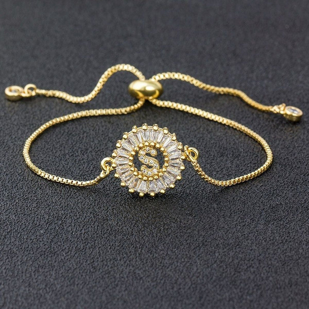 Initial Alphabet Large Letter Cubic Zirconia Gold Slider Bracelet