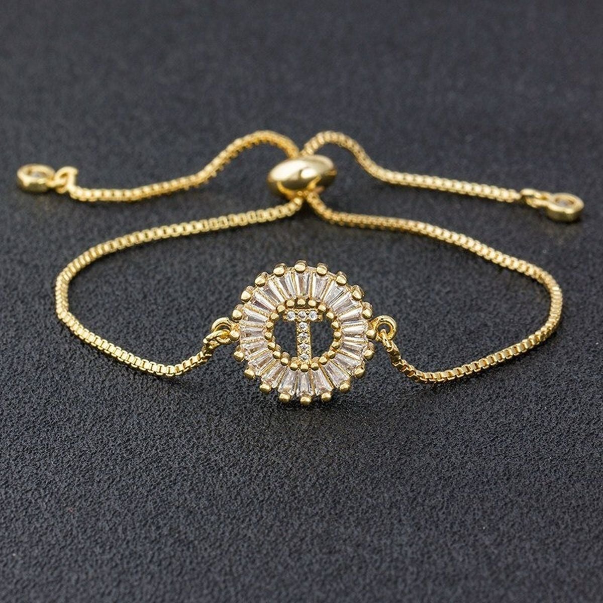 Initial Alphabet Large Letter Cubic Zirconia Gold Slider Bracelet