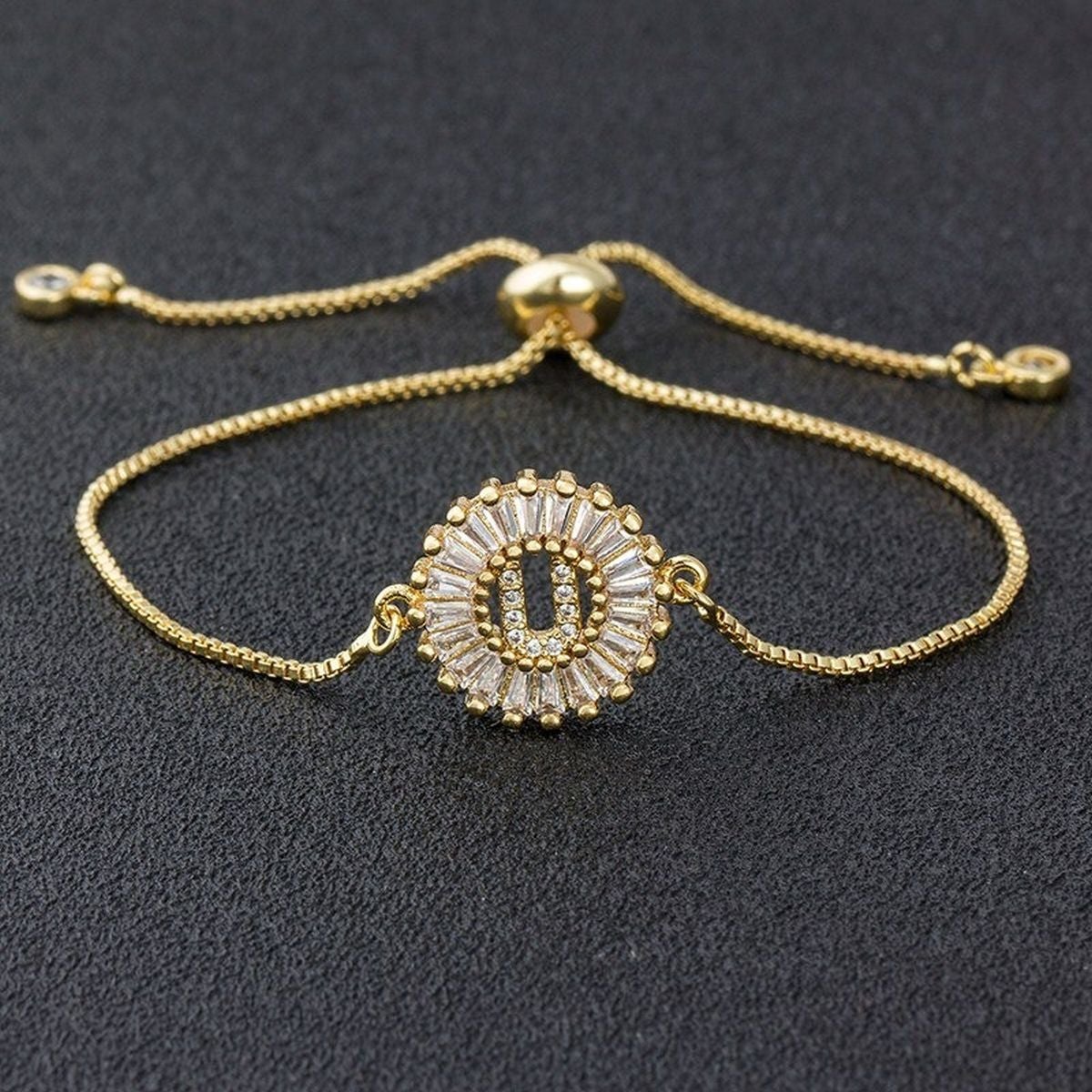 Initial Alphabet Large Letter Cubic Zirconia Gold Slider Bracelet