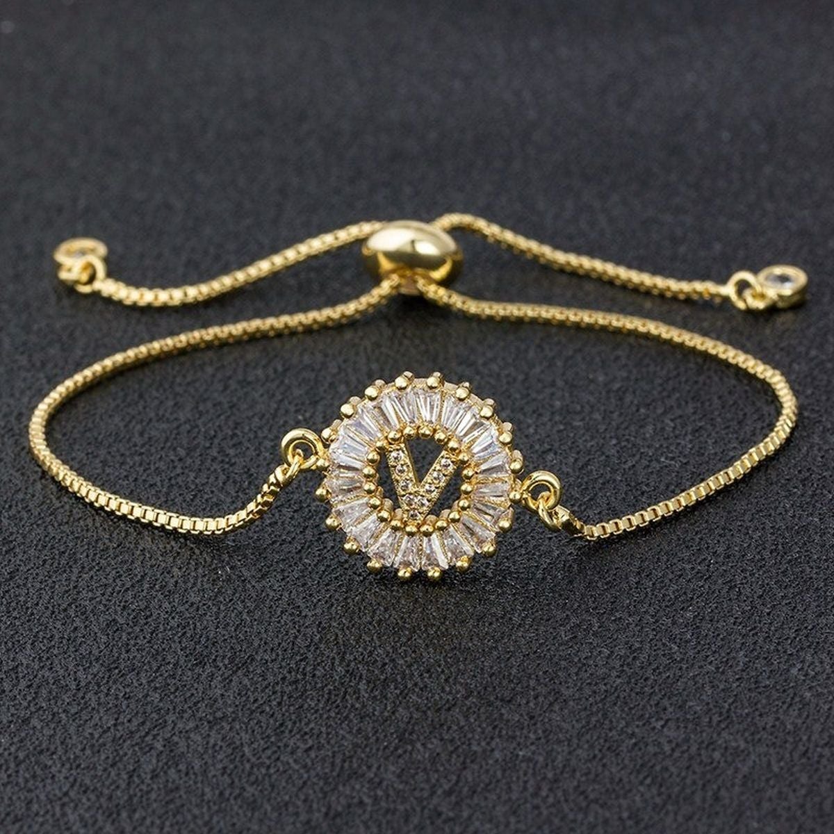 Initial Alphabet Large Letter Cubic Zirconia Gold Slider Bracelet
