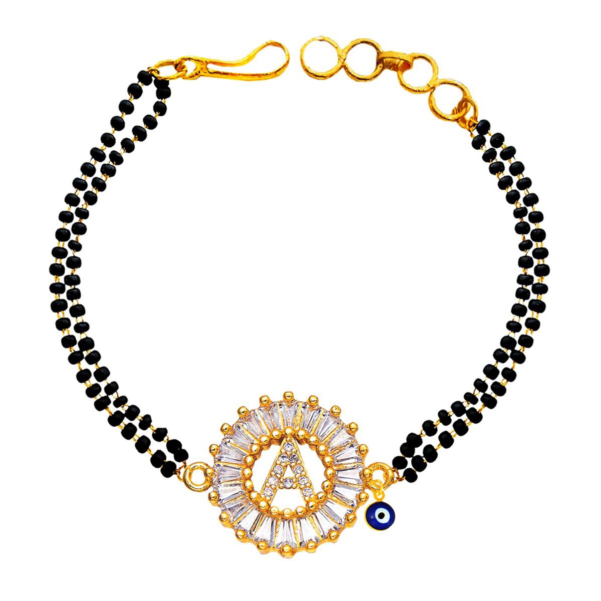 Evil Eye Customised Alphabet Initial Letters Baguette Cubic Zirconia 22K Gold Hand Mangalsutra Bracelet For Women