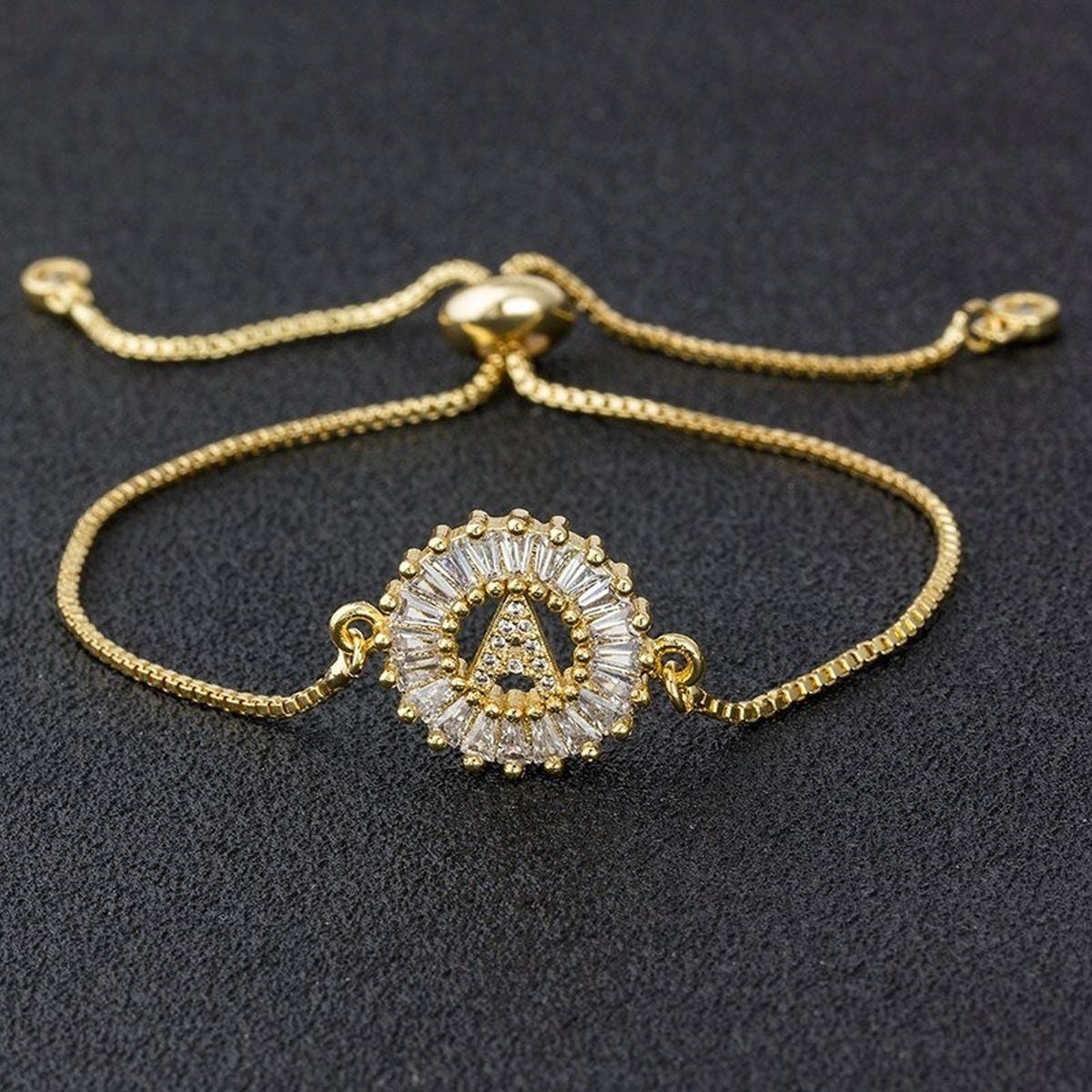 Initial Alphabet Large Letter Cubic Zirconia Gold Slider Bracelet