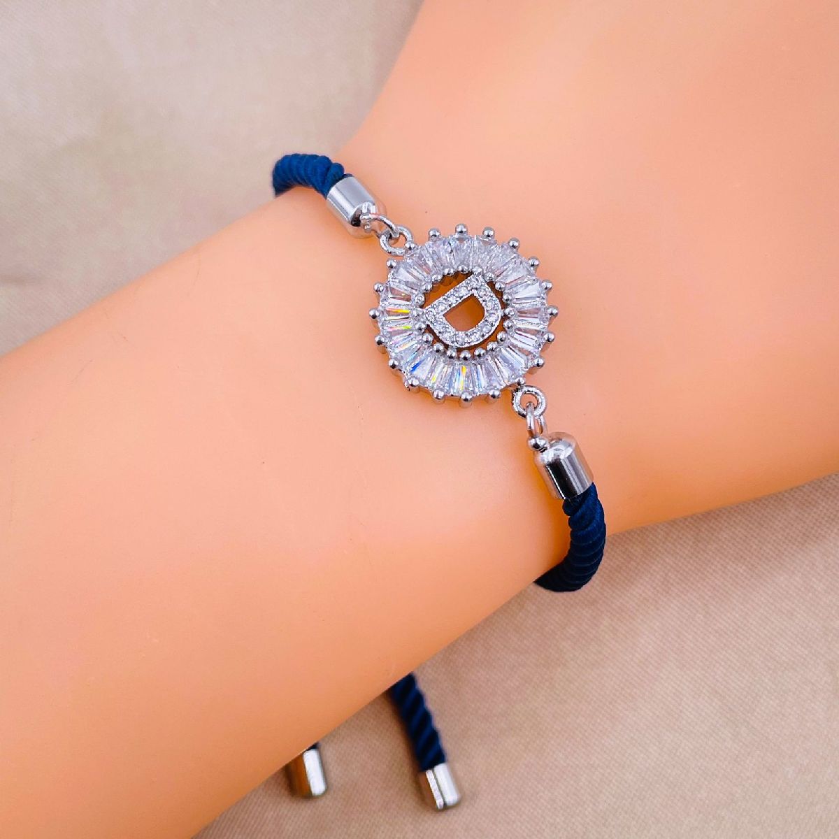 Initial Alphabet Letter D Blue Silver CZ Thread Bracelet Bulk