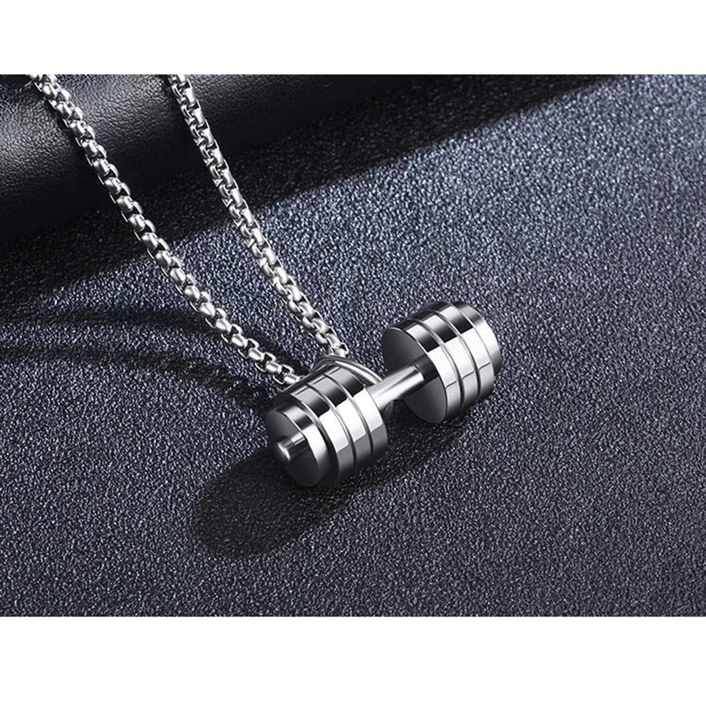 Silver Stainless Steel Dumbbell Barbell Weight Lifting Pendant Chain Men