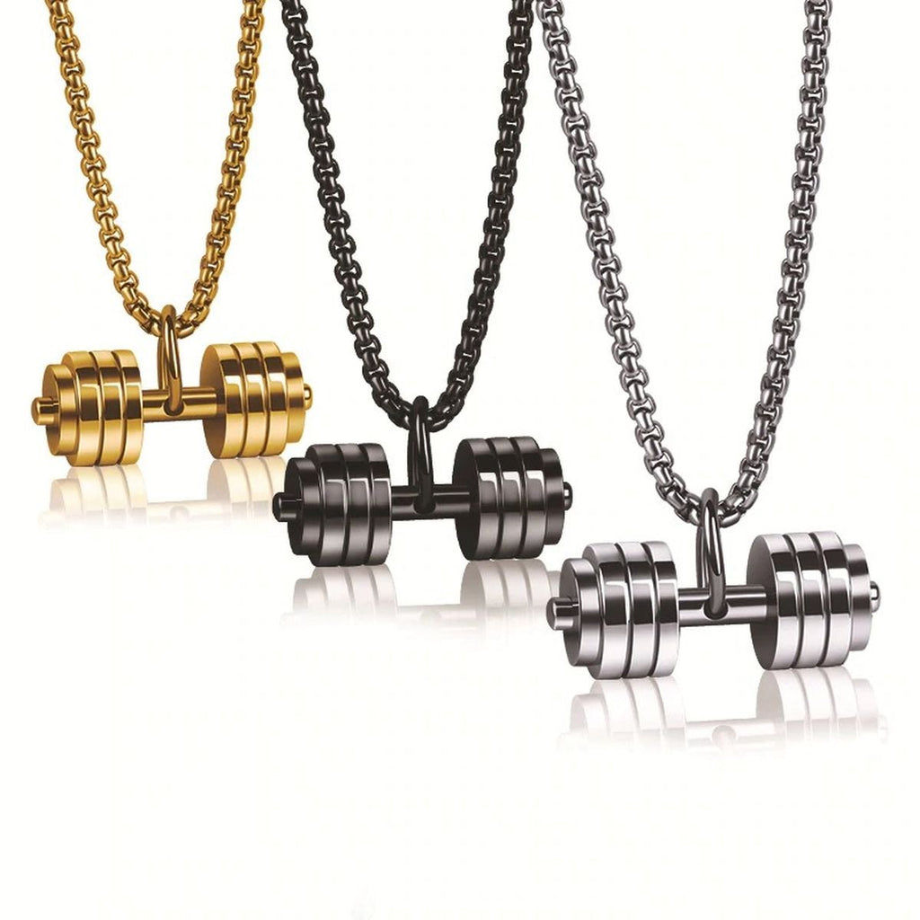 Silver Stainless Steel Dumbbell Barbell Weight Lifting Pendant Chain Men