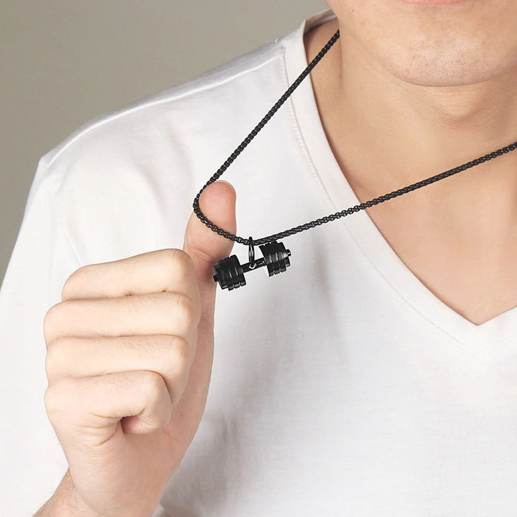 Silver Stainless Steel Dumbbell Barbell Weight Lifting Pendant Chain Men