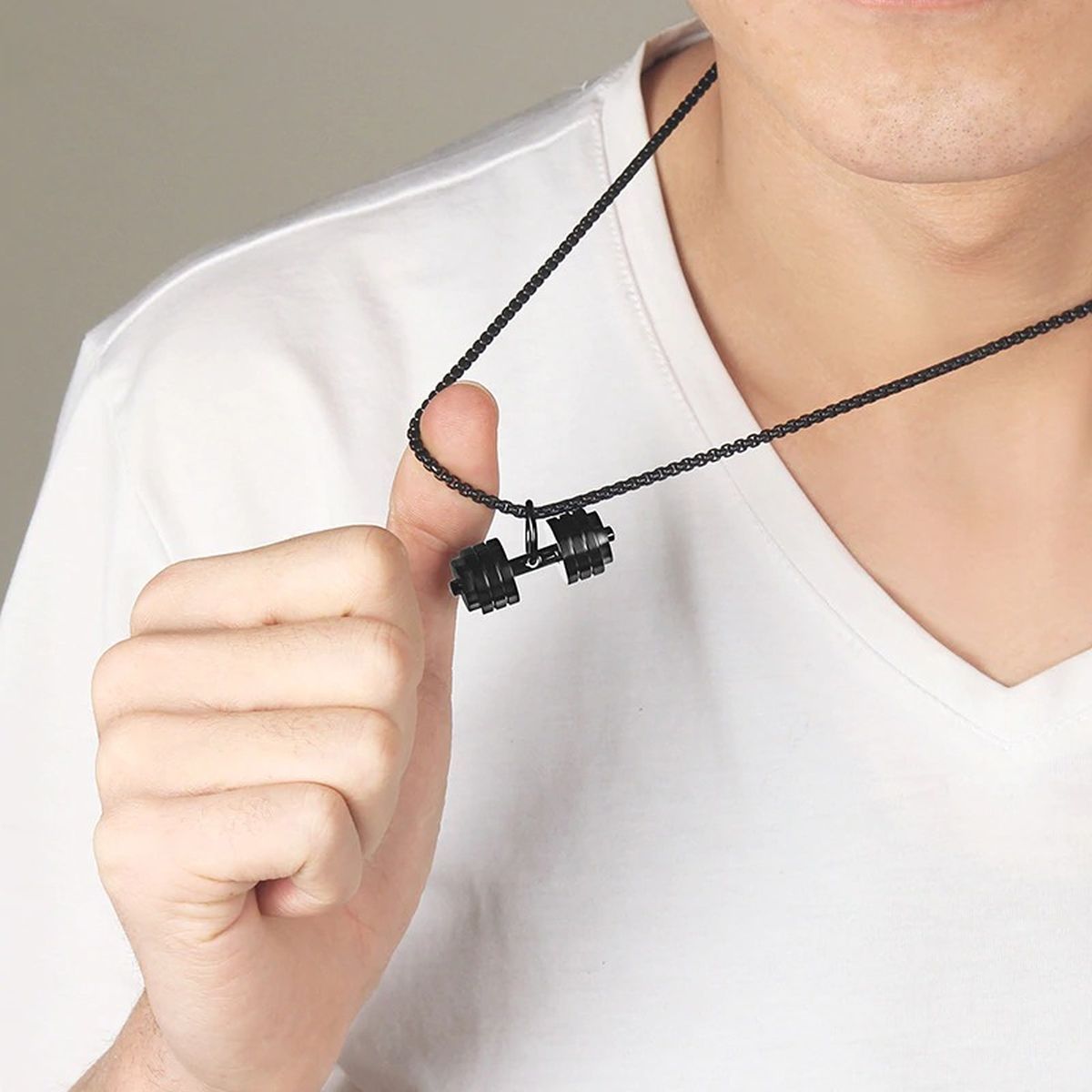 Silver Stainless Steel Dumbbell Barbell Weight Lifting Pendant Chain Men