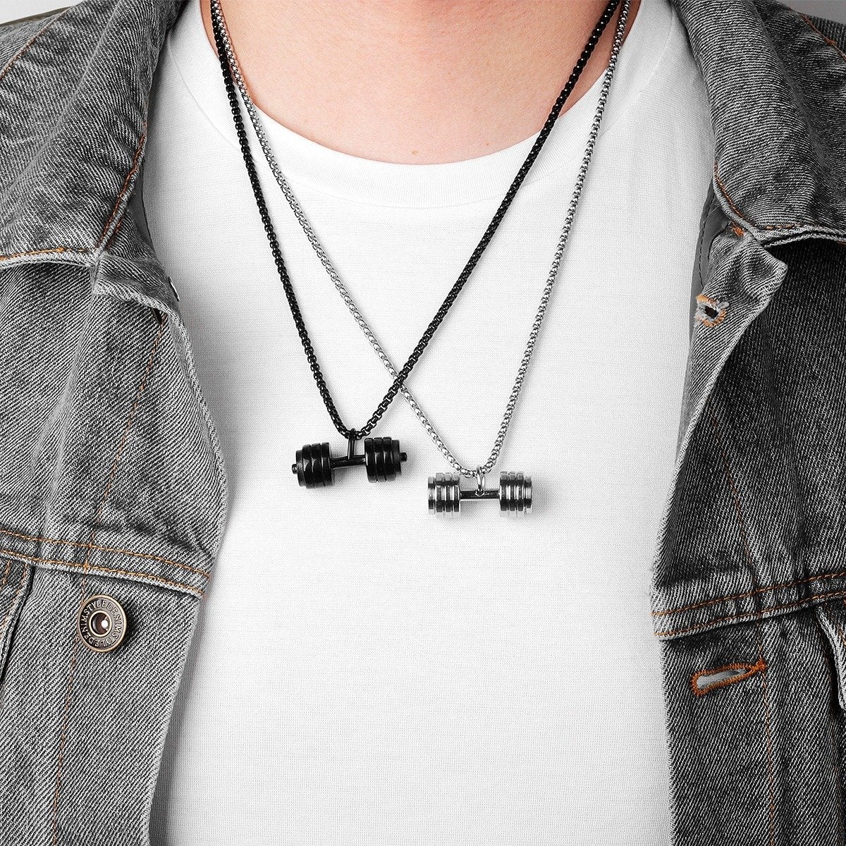 Silver Stainless Steel Dumbbell Barbell Weight Lifting Pendant Chain Men
