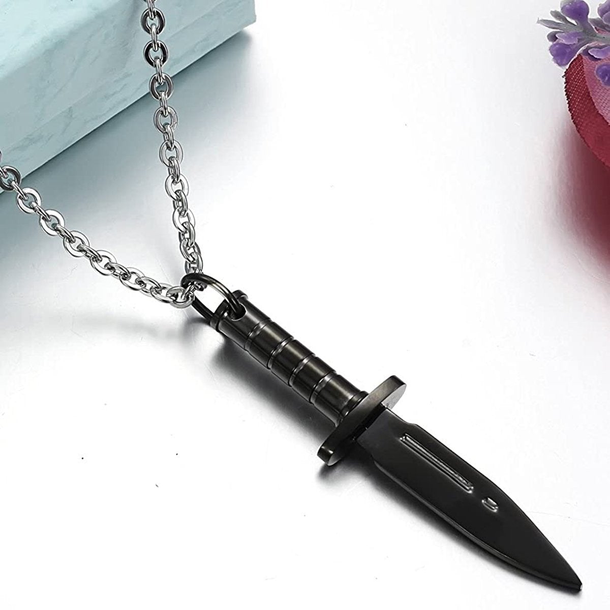Knife Black Silver Necklace Pendant Chain Bulk