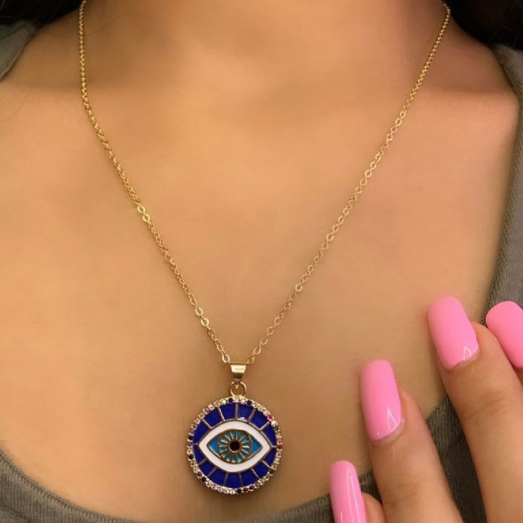 Turkish Evil Eye Blue Medallion Necklace Pendant Chain Bulk