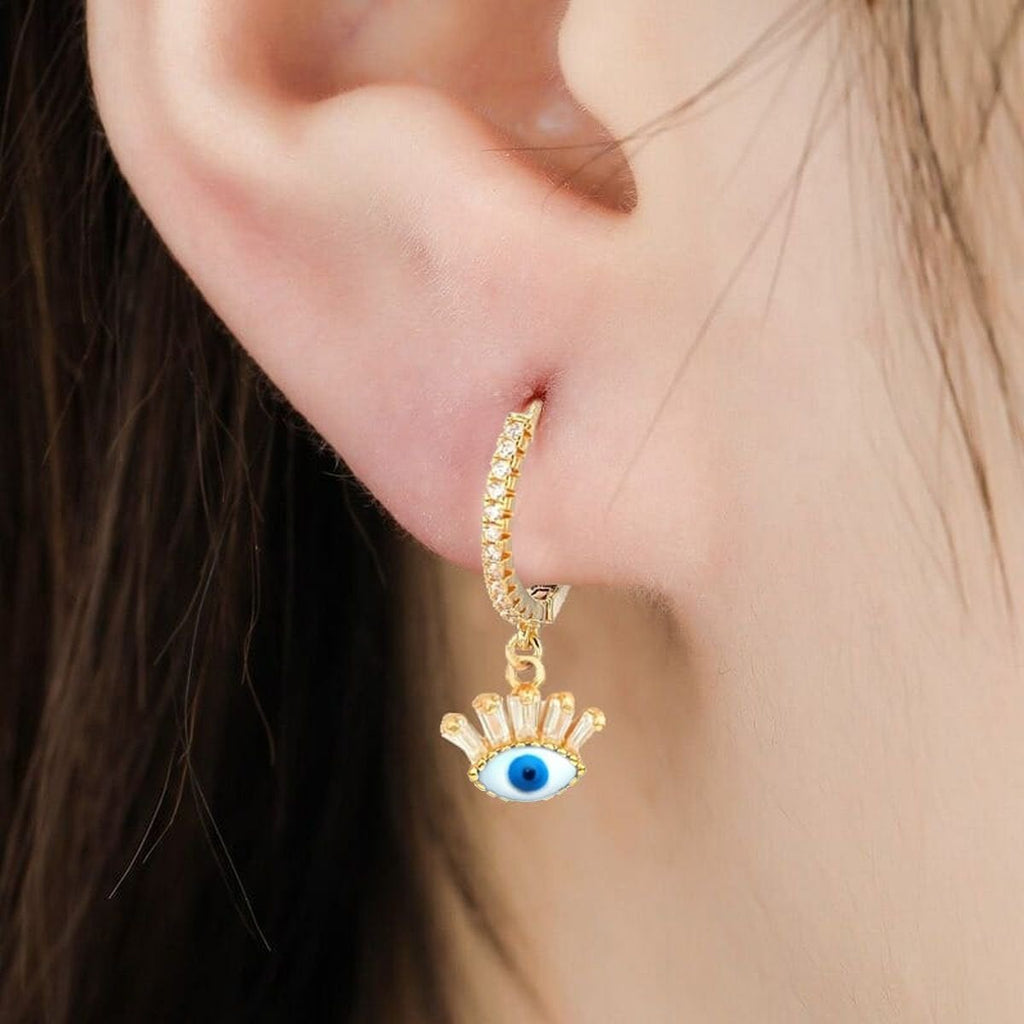 Evil Eye 18K Gold White Brass Hoop Earring Pair For Women Bulk