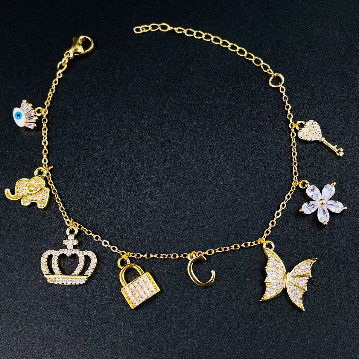 Copper Gold Crown Key Lock Evil Eye Initial Letter Charm Bracelet Bulk