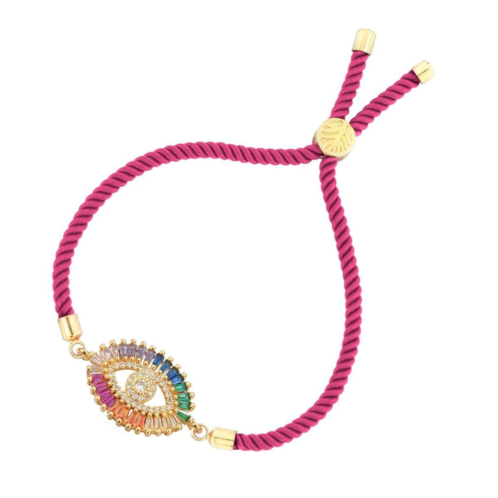 Rainbow Turkish Evil Eye Baguette Gold Pink CZ Thread Bracelet Bulk