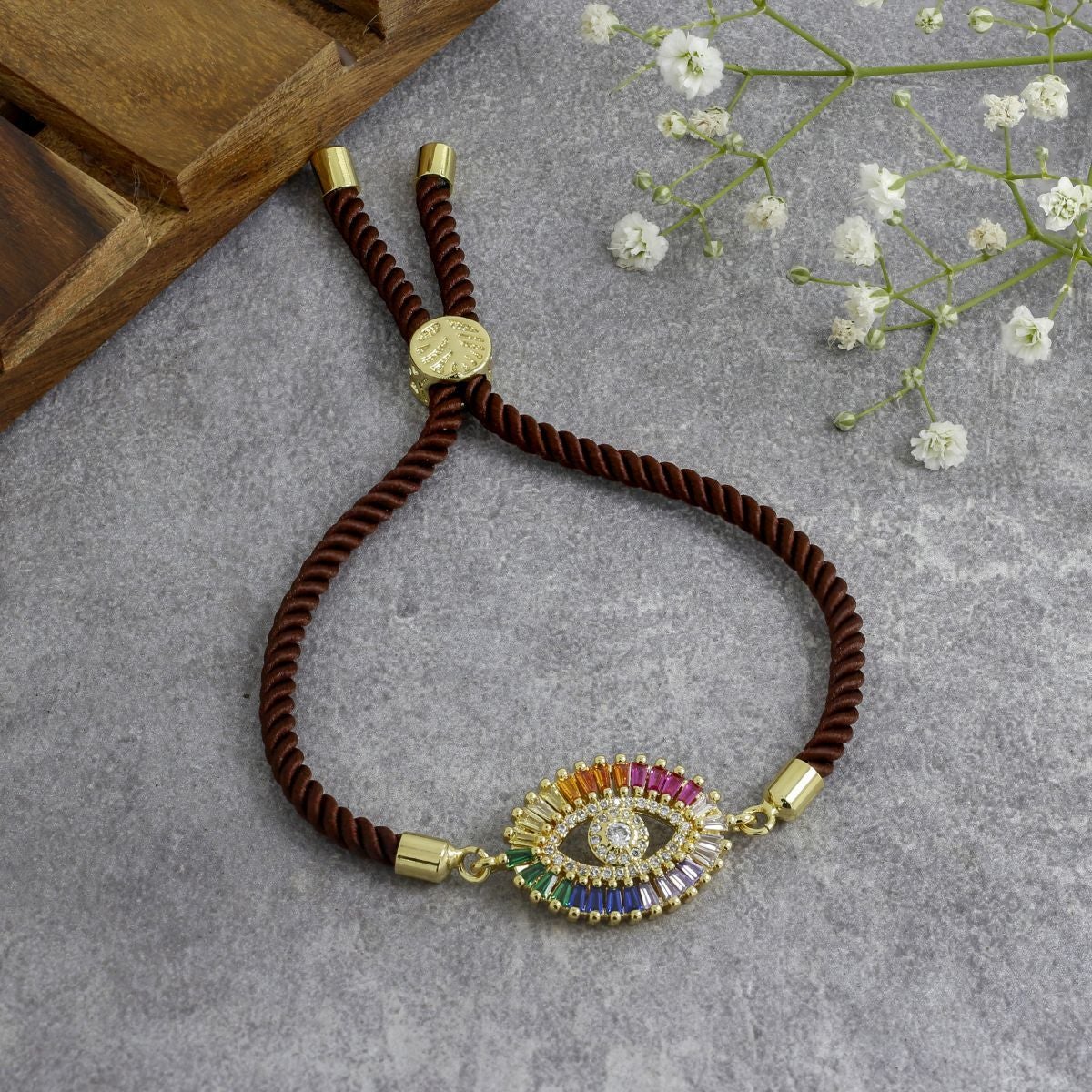Rainbow Turkish Evil Eye Baguette Gold Brown CZ Thread Bracelet Bulk