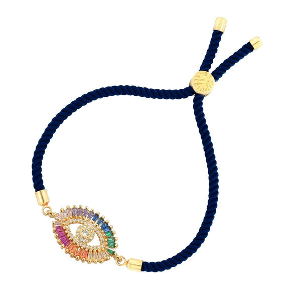 Rainbow Turkish Evil Eye Baguette Gold Blue CZ Thread Bracelet Bulk Secondary image