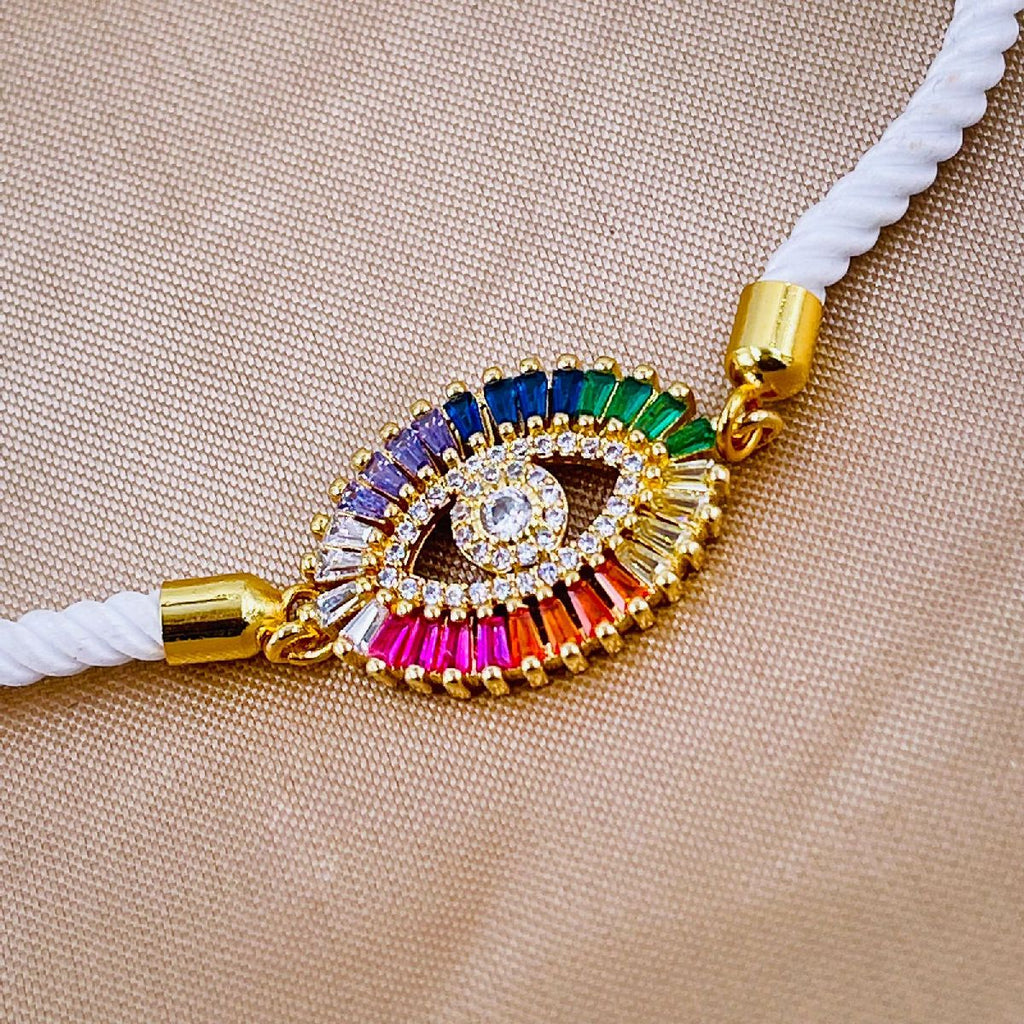 Rainbow Evil Eye Copper Gold White Cubic Zirconia Thread Bracelet Bulk
